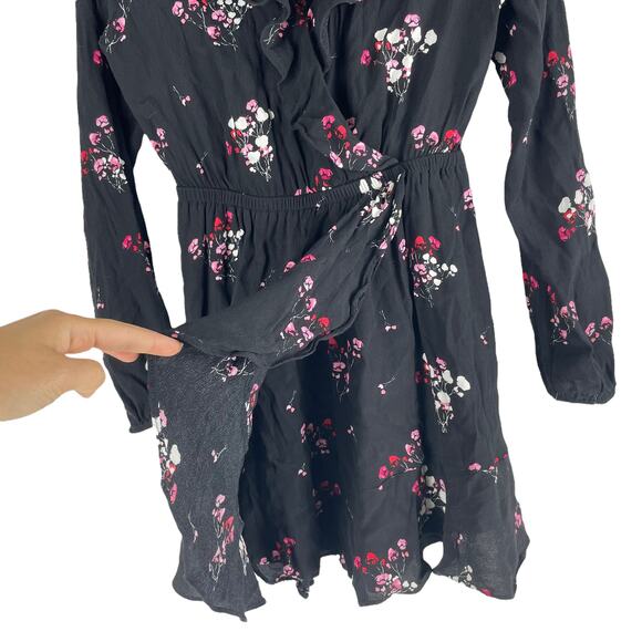 Express Floral Printed Ruffle Faux Wrap Mini Dress Black Size XS - Picture 3 of 7
